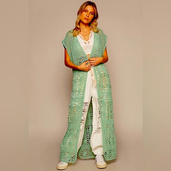 907. 🛑POL LAST 1 below cost! Maxi Cardigan Duster Green Slit Crochet Sleeveless - Picture 4 of 4